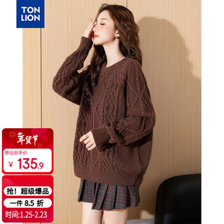 Tonlion 2025 autumn and winter women's round neck solid color cable sweater