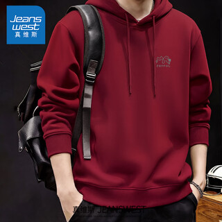 Jeanswest burgundy heavyweight hooded sweatshirt for men 2026 year of the horse, zodiac year, early spring white clothes, men's tops and jackets, trendy burgundy (interesting partner chest label) s (165) (strict quality control)