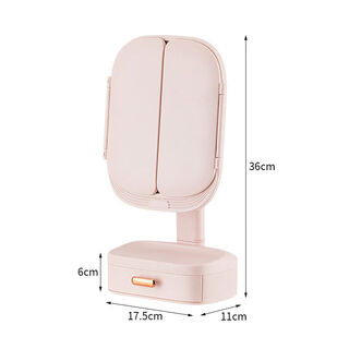Desktop make-up mirror, bedroom luminous dressing table, led with light, dormitory folding desktop storage box, large mirror, flip dustproof + side magnifying mirror, cherry blossom pink three-color light