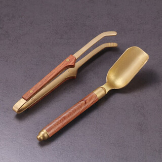 Hualeji brass solid wood tea clip set teaspoon teacup teacup tweezers washing cup clamp tea clip tea ceremony tea set with rosewood brass (tea clamp + tea spoon)
