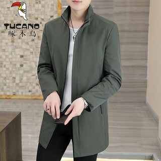 Woodpecker (tucano) men's medium long jacket spring and autumn new light business casual men's trendy stand collar jacket mature and stable windbreaker green 4xl (165-180jin jin is equal to about 0.5 kg)