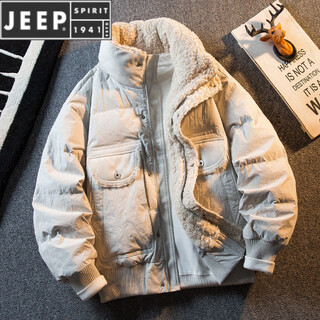 Jeep spirit new heavyweight thickened sherpa splicing down jacket men's winter warm stand-up collar down jacket jacket men's winter gray 2xl