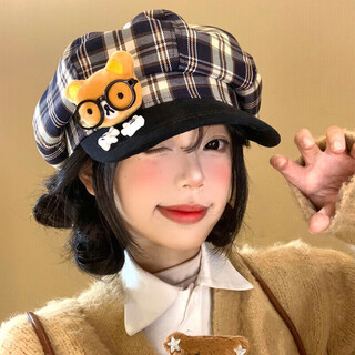 Jioesc cute glasses bear plaid beret for women autumn and winter sweet face-showing small octagonal hat casual versatile painter hat qc gray plaid bear whitening and slimming one size 56-58cm