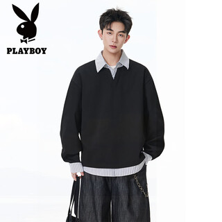 Playboy (playboy) retro college style fake two-piece spliced polo shirt shirt collar sweatshirt for men 2026 spring and autumn new season jacket for men hw3809-black l