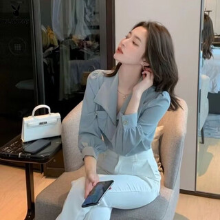 Playboy (playboy) 2026 french style shirt chiffon shirt new long-sleeved design niche autumn chic top official flagship blue s 80-95jin jin is equal to 0.5 kg