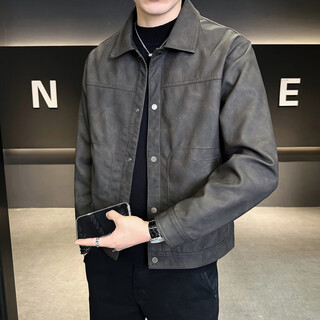 小红书爆款爆款男士外套2025新款春秋季潮牌翻领感痞帅休闲机车皮 黑灰色 L