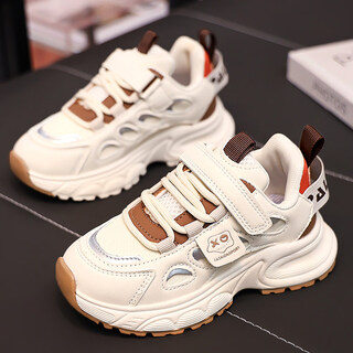 Shijanu girls' cotton shoes plus velvet to keep warm 2024 new winter children's second-cotton white shoes big children's soft-soled sports dad shoes khaki leather 31