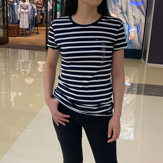 Tommy hilfiger official flagship tommy qiuqiu women's comfortable cotton casual versatile round neck short-sleeved t-shirt 1# navy striped 4405 410 xs bust 76
