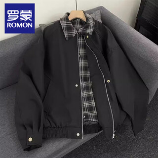 Romon retro fake two-piece flight jacket men's maillard wear plaid splicing baseball uniform american casual brown jacket black 2xl