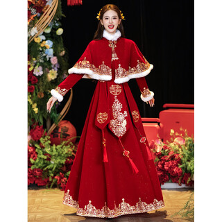 Shijanu new chinese style red shawl cheongsam toast wear bridal 2025 new xiuhe engagement dress autumn and winter plus velvet thick m8652 wine red suit long s