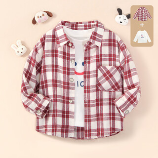 October mommy (octmami) 2-piece children's shirt long-sleeved white t-shirt boys and girls infant children's clothing plaid jacket burgundy 110