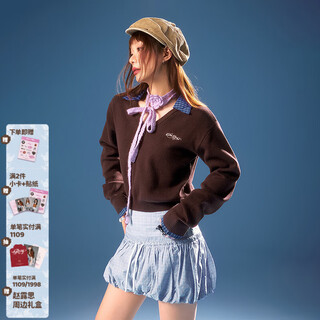 Chuu plaid patchwork sweater for women 2026 spring new letter embroidered lapel casual long-sleeved sweater, coffee color, one size 00