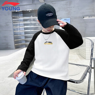 Li ning children's long-sleeved spring new youth trendy raglan t-shirt sportswear round neck children's clothing boys' tops white/black/black 130 cm