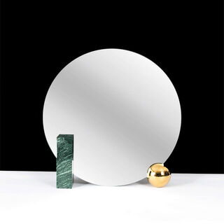 Geometric round designer marble dressing table light luxury art b&b hotel desktop cosmetic mirror double-sided mirror imported indian green marble clearance, contact customer service for details