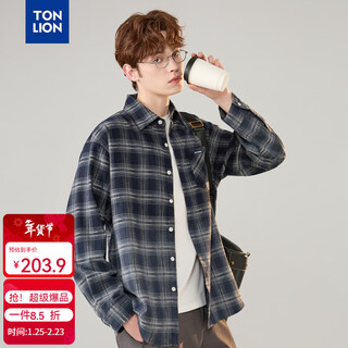 唐狮（TonLion）2026春季新款男格纹长袖衬衫美式休闲外套复古衬衣男士慵懒风 深蓝 S