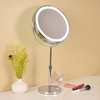 Large led makeup mirror that can be raised and lowered. telescopic double-sided illuminated mirror. desktop magnifying mirror. desktop beauty mirror can be adjusted in height. 10 inches. silver. can be raised and lowered. 5x magnification. mirror diameter 25cm.