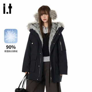 Ground zero work style fur collar hooded design 90 white goose down couple style down jacket, navy blue 2xl