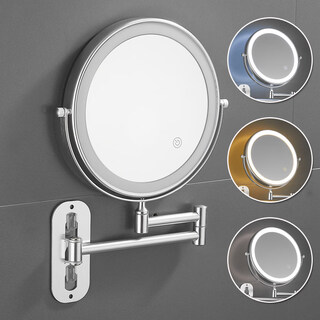 Powder room mirror folding punch-free hotel bathroom makeup mirror wall-mounted telescopic double-sided led beauty mirror with light rechargeable silver 8 inches