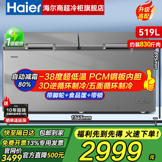 海尔（Haier）【旗舰好品推荐】冰柜家用商用大容量500升300升以上单温卧式超低温冷冻柜深冷速冻冷柜 -38℃细胞级冷冻丨519升丨减霜80%丨一级能效