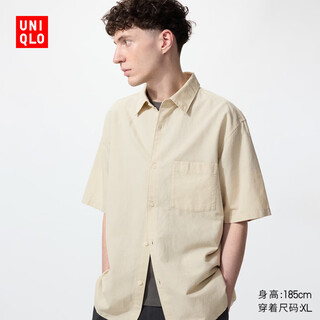 Uniqlo men's and women's cotton and linen shirts/short-sleeved shirts 26 spring and summer new style 482502 32 dark beige m