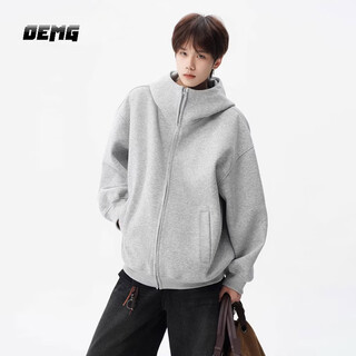 Oemg heavy 420g cardigan sweatshirt men's spring and autumn double zipper trendy top air layer casual loose jacket gray high quality regular xl recommended 110-130jin jin equals 0.5 kg