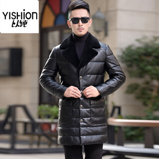 Yishion haining new winter leather jacket men's mid-length lambswool lapel korean style slim youth casual jacket black m