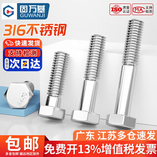 Guwanji 316 stainless steel half-thread external hexagon head bolt din931 screw extension screw m6m8m10m12-m30 m6x60 (10 pieces)