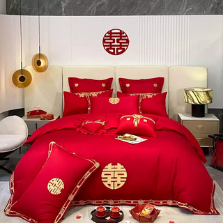 Yusenyi mercury home textiles wedding embroidery four-piece set wedding bedding quilt cover newlywed bedding wedding wedding bed double happiness 2.0m sheet style six-piece set