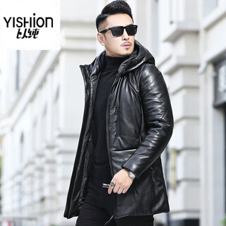 Yishion winter new haining leather clothes men's mid-length korean style slim youth hooded leather windbreaker casual jacket black m
