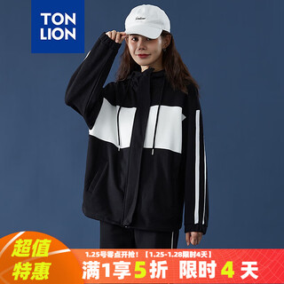 Tonlion women's patchwork contrasting color cardigan hooded sweatshirt jacket top/black m