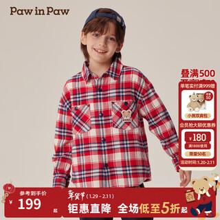 Pawinpawd11 moon black pawinpaw cartoon bear children's clothing autumn and winter boys classic plaid all-match boys shirt red/20 110 cm