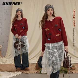 Unifree qiji red christmas and new year sweater women's puppy stretch retro round neck sweater red one size