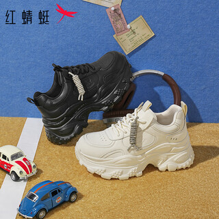 Red dragonfly dad shoes 2026 spring new women's shoes thick sole lace up fashion casual shoes small height increasing shoes wtb16203 black 35