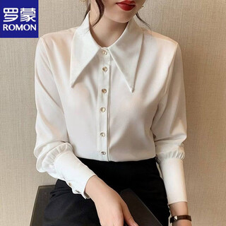 Romon white shirt women's long-sleeved 2026 spring and autumn new large collar shirt loose slim design niche stacking top white 2xl