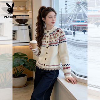 Playboy (playboy) fair isle jacquard retro sweater jacket for women 2026 spring new popular loose knitted cardigan style top white l 100--110jin jin equals 0.5 kg
