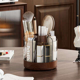 Yusen yi brush storage box desktop rotating compartment tube dressing makeup storage rack jewelry organizing box two pack black walnut