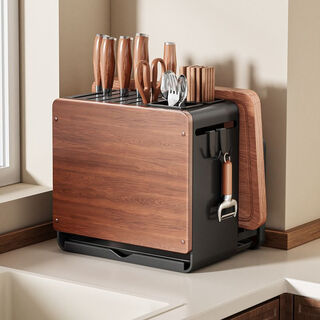 Fantasy medieval style solid wood multifunctional kitchen knife storage chopsticks kitchen knife cutting board chopping board wall hanging countertop integrated medieval style square box knife holder x black countertop