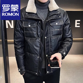 Romon leather down jacket men's winter 2025 new thin thick handsome short lamb fur collar men's jacket black l