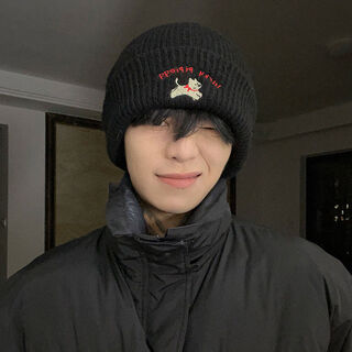 Puppy embroidered thick knitted hat for men 2025 new autumn and winter atmosphere headband warm windproof woolen hat black one size one size elastic