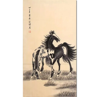 Celebrity calligraphy and painting xu beihong celebrity hand-painted calligraphy and calligraphy authentic chinese painting art auction collection ink painting prints decorative painting <double horse> calligraphy and painting hanging painting oil painting 99x54cm