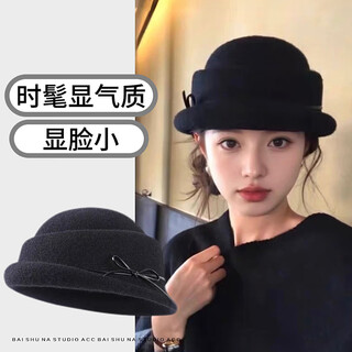U&mudi black top hat beret for women 2026 new autumn and winter french hepburn style foreign daughter hat wool fisherman hat e856 black lace one size (54-58cm)