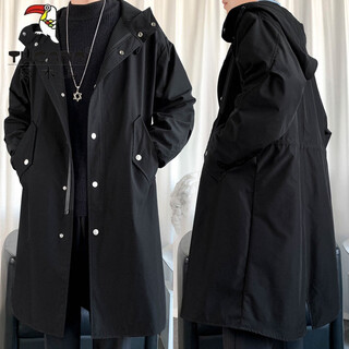Woodpecker (tucano) windbreaker men's spring and autumn mid-length version over the knee loose hooded plus velvet coat large size trendy brand winter thickened coat black spring and autumn style 174 m 100-120jin jin is equal to 0.5 kg