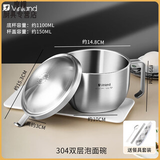 Yusenyi japan seiko 304 stainless steel student dormitory rice bowl with lid for soaking instant noodles in a large bowl 304 steel lid bowl (free tableware)