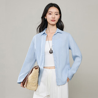 Yiyang (ese-y) 100% linen shirt for women 2026 spring new style right shoulder slim loose inner long-sleeved cardigan jacket shirt ice blue s