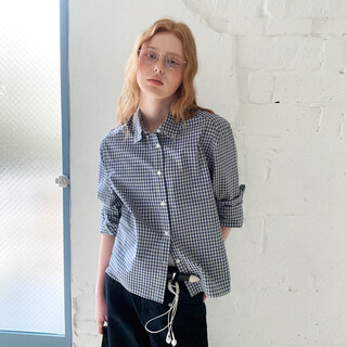 714street american retro blue and white plaid long-sleeved shirt 2026 spring trendy brand loose cotton shirt for women blue and white plaid s