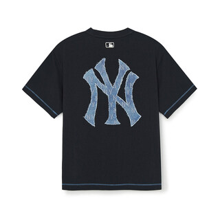 Mlb children's official boys and girls street retro cool simple round neck back label presbyopia t-shirt 26 spring style black 110 cm