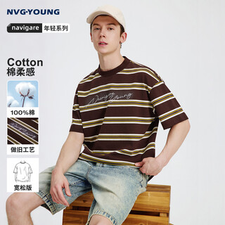 Nvg young italian dinghy 100% long-staple cotton striped short-sleeved t-shirt men's loose distressed pure cotton round neck top