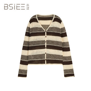 Bsieebsiee 2026 spring new long-sleeved neutral style design contrasting wide striped v-neck cardigan sweater pinecone brown nutshell m