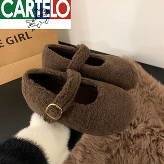 Cartelo crocodile (cartelo) giant good-looking thick sole with increased height white mary jane fur shoes for women 2026 new winter plush birkenstock shoes cotton shoes coffee color 39