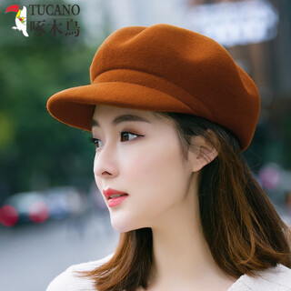 Woodpecker hat women's korean style autumn and winter woolen beret british style fashion versatile duck bill octagon hat caramel color m adjustable (54-59c)